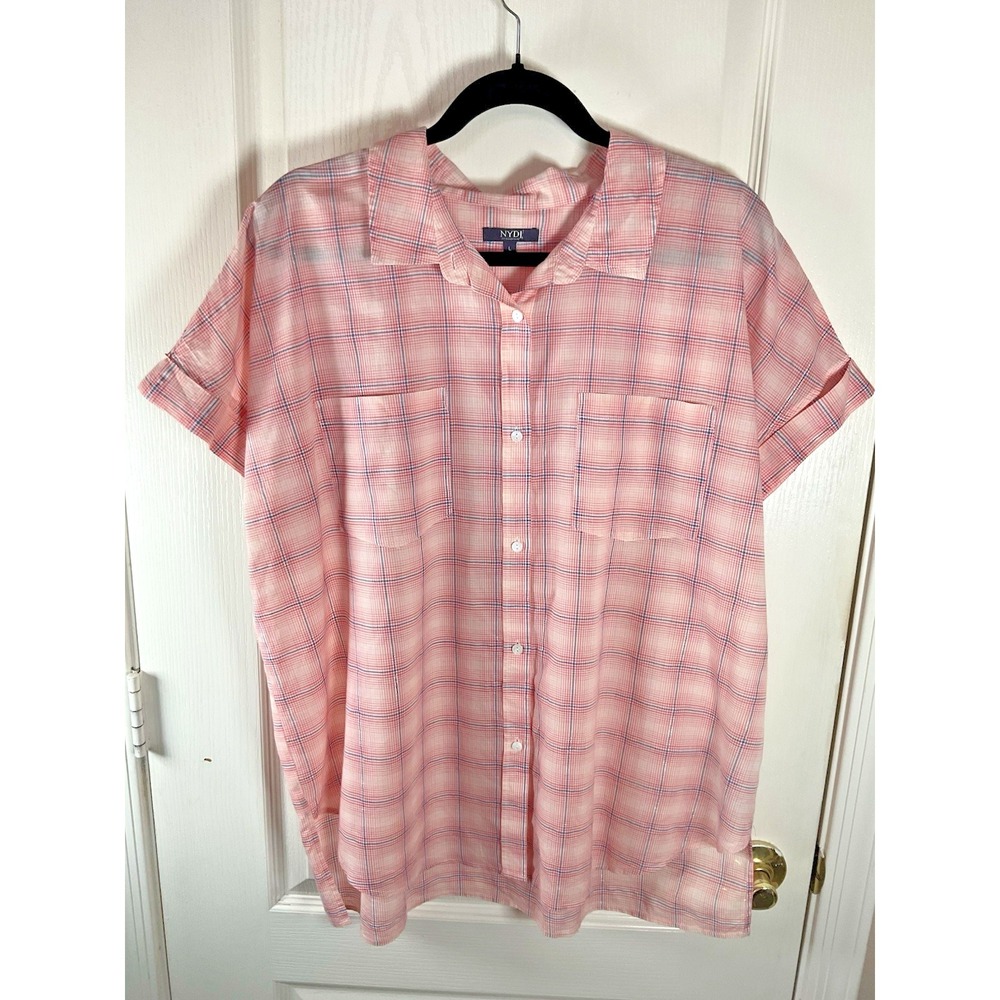 NYDJ Women's Large Button Up Short Sleeve Shirt 100% Cotton Light Peach Blue Pla